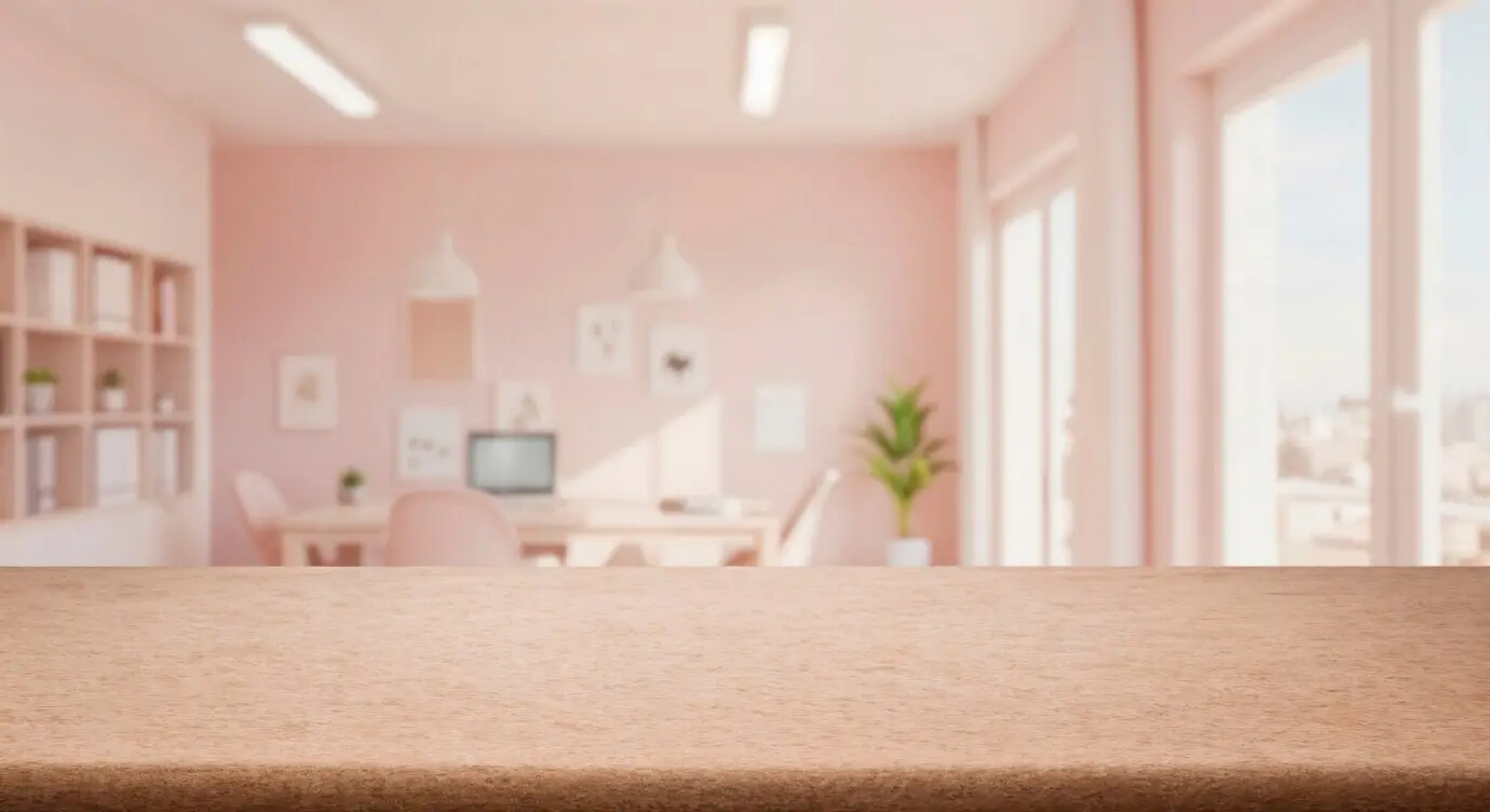 Pinkfarbener Innenraum mit einem Holztisch.